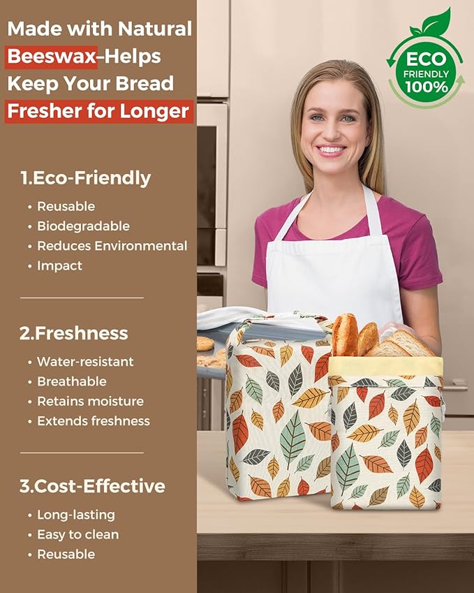 Beeswax Bread Bags for Homemade Bread,Reusable Beeswax Bags for Sourdough, 2 Pack Cotton Linen Food Storage Bag to Keep Fresh - Easy to Clean Organic Beeswax Bag Extra Large 17x12 in