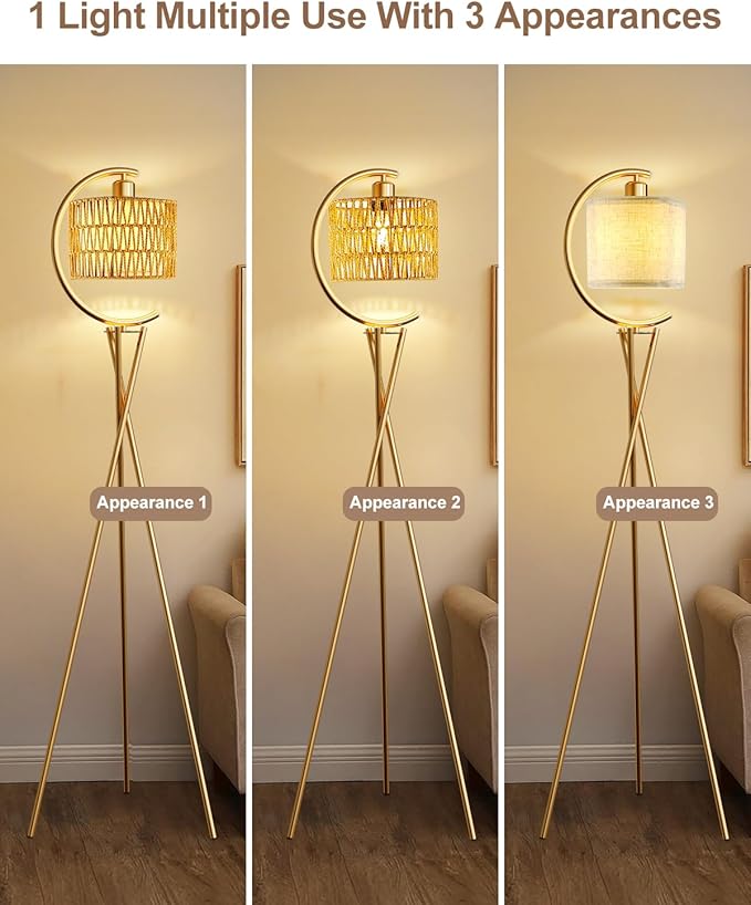 Lightdot Tripod Floor Lamp for Living Room, Gold Standing Lamp with E26 LED Bulb, Rattan Boho Floor Lamp, Farmhouse Tall Lamp for Bedroom, Arced Reading Light with Rattan& Linen Double Shades
