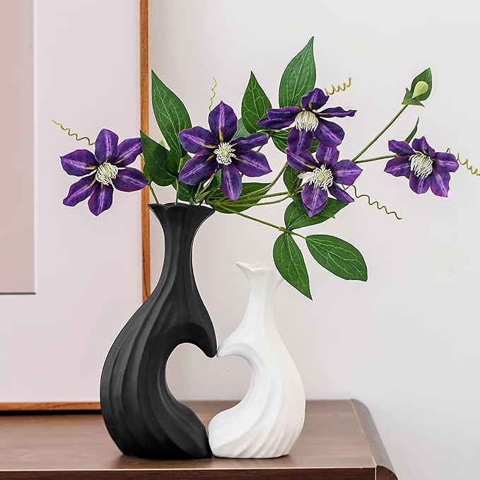 Ceramic Vases for Home Decor, Modern Heart Shaped Vase Set of 2, Matte Farmhouse Dried Fake Flowers Vase for Office, Living, Dining Room, Kitchen