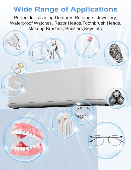 Jewelry Cleaner Machine Ultrasonic 48KHz Ultra Sonic Cleaner for Glasses, Rings, Earrings, Watch Strap, Dentures, Makeup Brush, 304 Stainless Steel 12oz Cleaning Pod with 2 Timer Modes (White1)