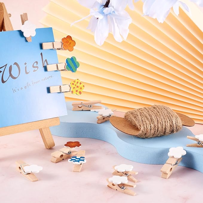 Pandahall 100pcs White Flower Clothespins Wooden Photo Paper Peg Graft Clips Pins with 10.93 Yards Natural Jute Twine for Paper Photo Display Hanging Home Party Decoration