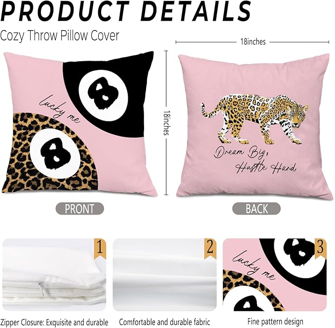 Preppy Pink Lucky 8 Ball Leopard Throw Pillow Covers 18x18, Cheetah Print Room Decor, Trendy Funky Y2K Leopard Print Motivational Decorative Pillow Covers for Girls Room Dorm Apartment