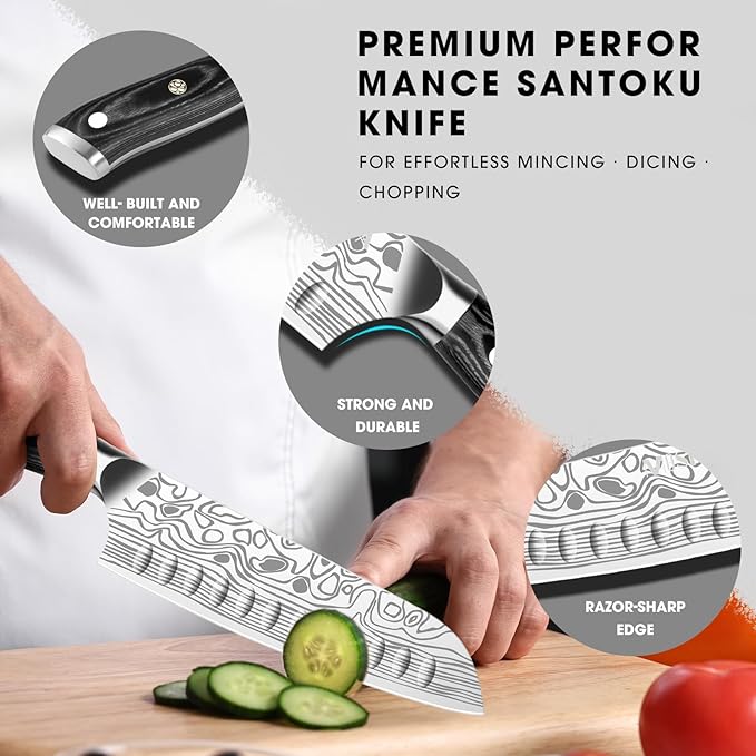 MOSFiATA Santoku Knife- 7 Inch Vegetable Knife Ultra Sharp Chopping Knife- Forged EN.4116 German Steel- Including Sheath,Finger Guard,Knife Sharpener,Full Tang,Best Gifts with Handmade Gift Box