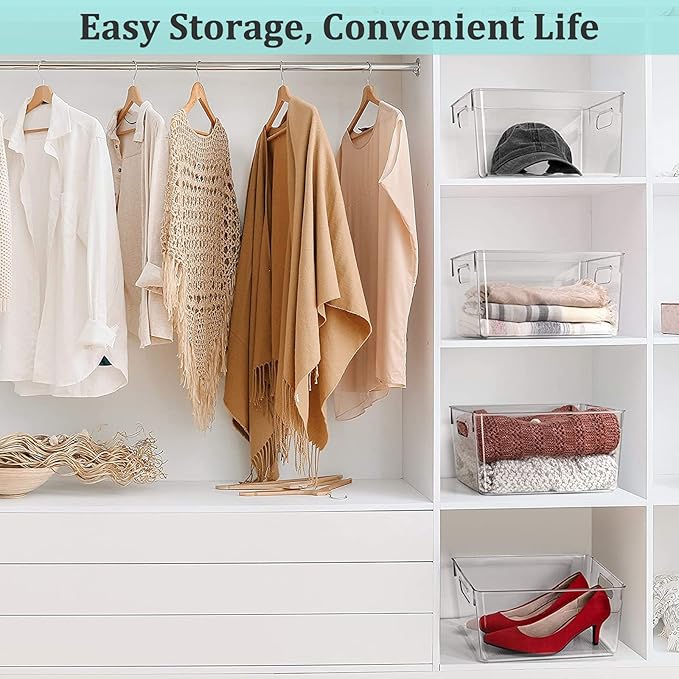 Clear Plastic Storage Bins, 4 Pack Pantry Organizers & Storage Containers, Cabinet Organizer, Home Organization Must Haves for Kitchen, Laundry Room, Office, Closet & Freezer