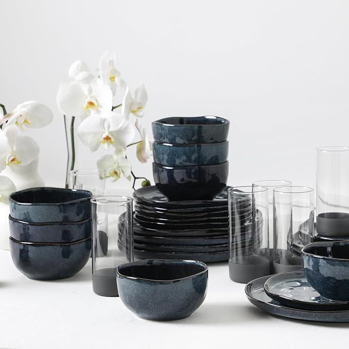 Stone Lain Mirella 16-Piece Dinnerware Set Stoneware, Borosilicate Glass, Blue