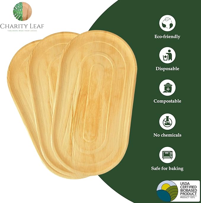 10-Pack 22"x12" Palm Leaf Trays | Eco-Friendly, Compostable Platters for Weddings, Charcuterie Boards & Events