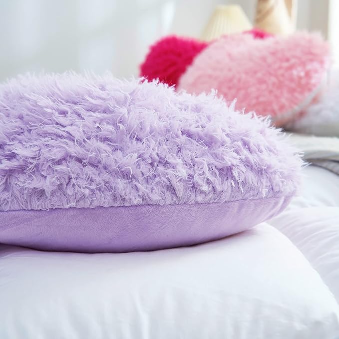 Purple Heart Pillow, Fluffy Heart Throw Pillow with Pillow Cover and Insert, Soft Faux Fur, Decorative Design for Mothers Day,Valentine's Day (Purple Heart Shape-15.7X15.7Inches)