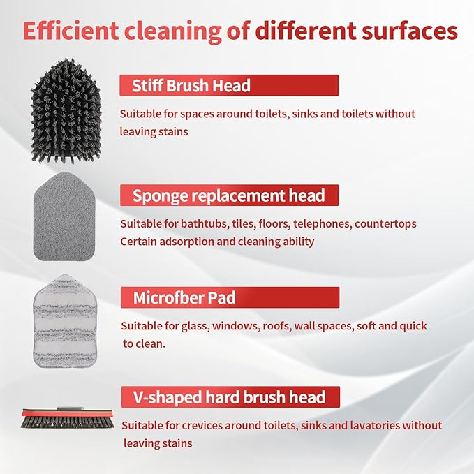 Tile Tub Scrubber Brush No Scratch with 4 Different Function Cleaning Heads and 51" Long Handle- Shower Scrubber for Cleaning Bathroom Kitchen Toilet Wall,Bathtub,Sink,Floors, Walls, mats, Ceilings