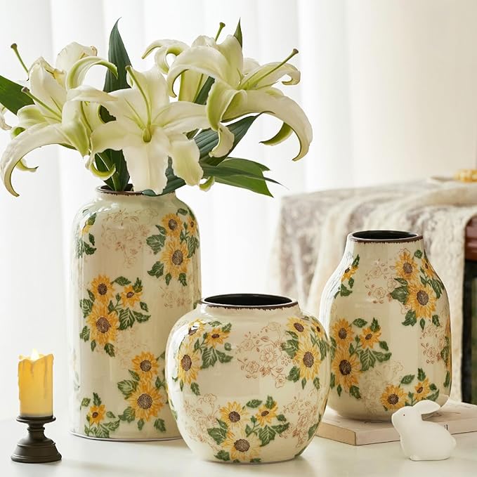 Levvohd Round Pastoral Ceramic Vase, 6.3 Inch Vintage Sunflower Yellow Floral Retro Ice Cracked Rustic Antique Flower Vases for Living Room Home Decor (Large Round)