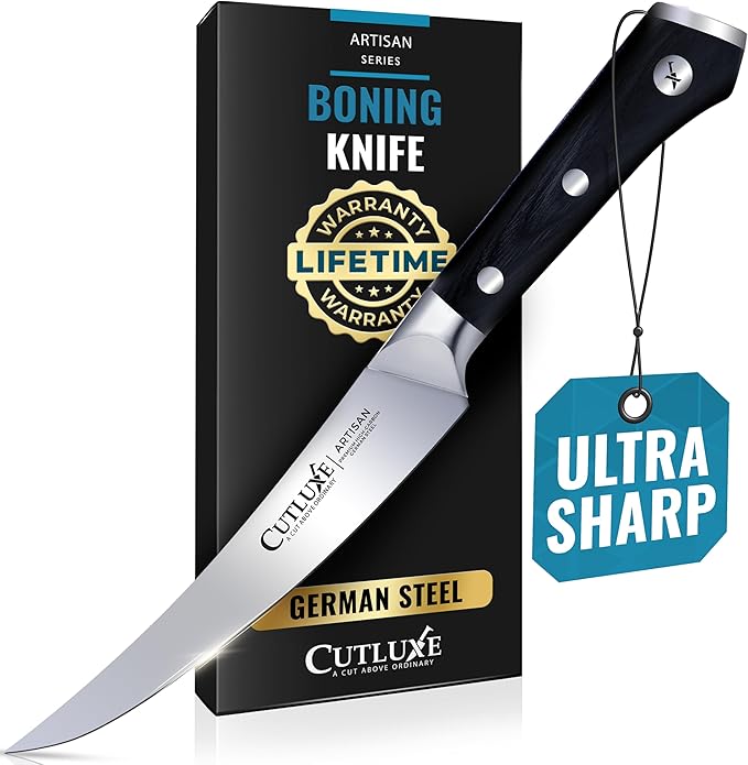Cutluxe Curved Boning Knife – 6" Boning Knife for Meat Cutting, Filleting – High Carbon German Steel, Full Tang & Ergonomic Handle Design – Artisan Series