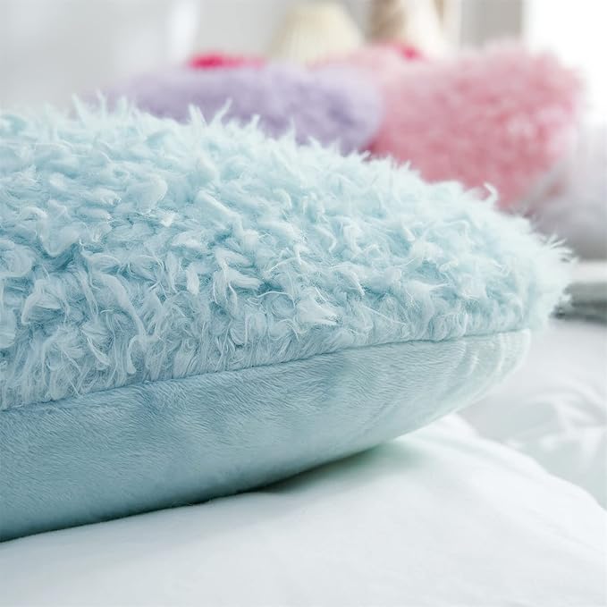 MOOWOO Fluffy Heart Throw Pillow with Pillow Cover and Insert, Shaggy Faux Fur, Decorative Design for Indoor and Outdoor, (Blue, Heart Shape-15.7X15.7Inches)