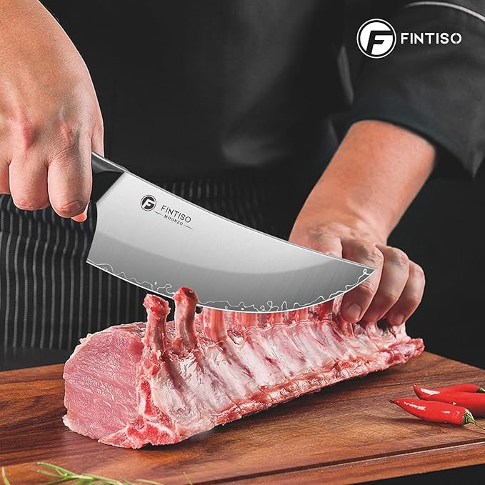 FINTISO Butcher Knife, 6.9 Inch Sharp Meat Cleaver Knife with 5-Layer High Carbon Stainless Steel, Chopping Knives with Ergonomic Full Tang G10 Handle for Home Kitchen Bone Cutting