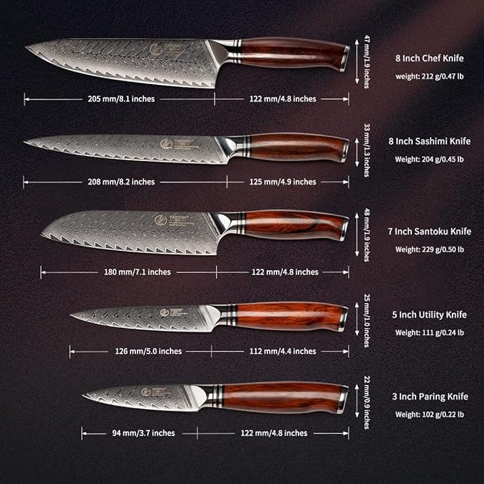 YARENH Professional Chef Knife Set 5 Piece, Damascus High Carbon Stainless Steel, Full Tang, Natural Sandalwood Handle, Ultra Sharp Kitchen Knife