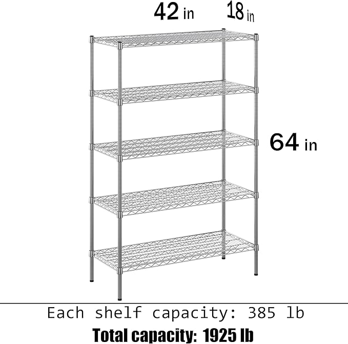 18" Deep x 42" Wide x 64" Height Wire Shelving Kit | 5-Tier | NSF Commercial Storage Rack Unit