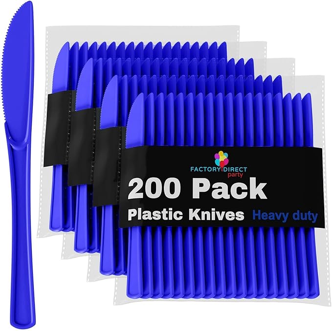 Party Solids Dark Blue Plastic Knives 200 Pcs Dark Blue Knives Disposable Utensils Heavy Duty Plastic Cutlery Set Disposable Cutlery Sets Flatware Sets Silverware Set Party Supplies & Party Tableware