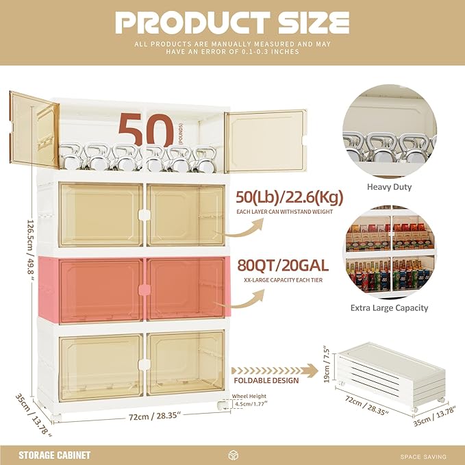 320 QT Extra Large Collapsible Storage Bins, 4 Tier Stackable Storage Bins for Closet Bedroom, XX-Large Plastic Containers with Wheels, Storage Cabinet with Magnetic Doors, White (320QT-4Tier)