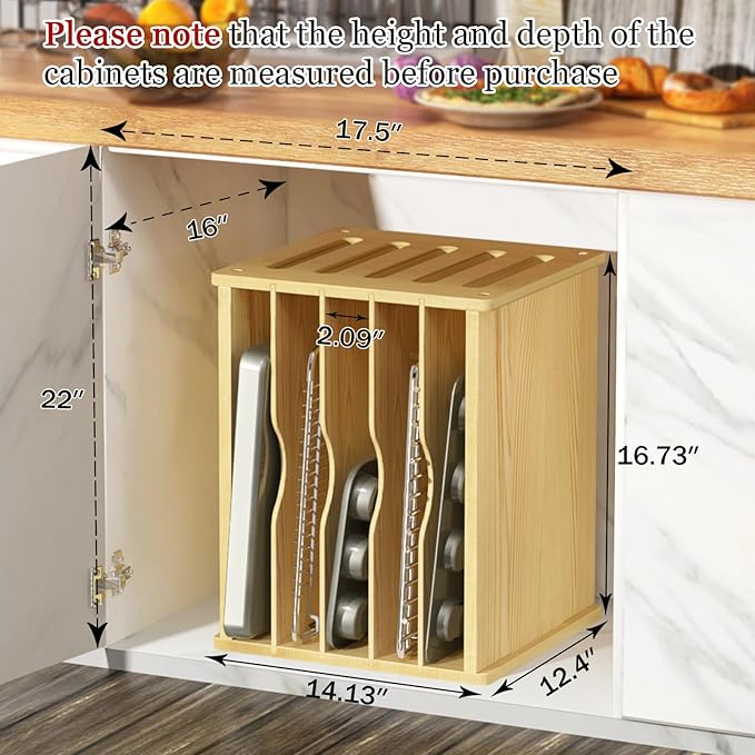 6 Tier Wooden Cabinet Tray Dividers, Kitchen Vertical Tray Divider Organizer, Storing pans, Baking trays, Cutting Board