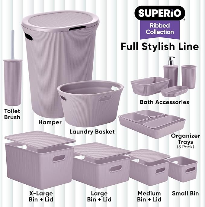 Superio Ribbed Collection - Decorative Plastic Toilet Bowl Brush and Holder Set, Lilac Purple (1 Pack) Cleaner Scrubber for Bathroom
