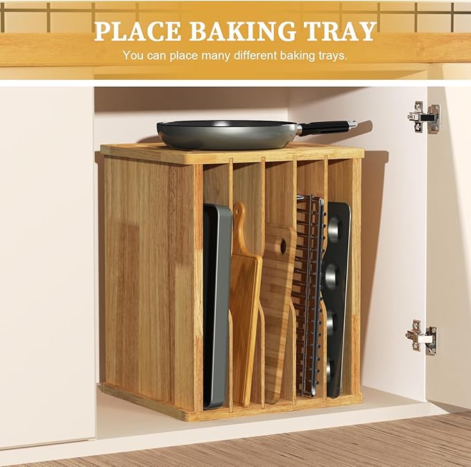 6 Tier Rubber Wood Tray Dividers for Cabinets, Heavy Weight Kitchen Vertical Tray Divider Organizer, Storing pans, Baking trays, Cutting Board(16.73" W x 14.13" H x 12.4" D)