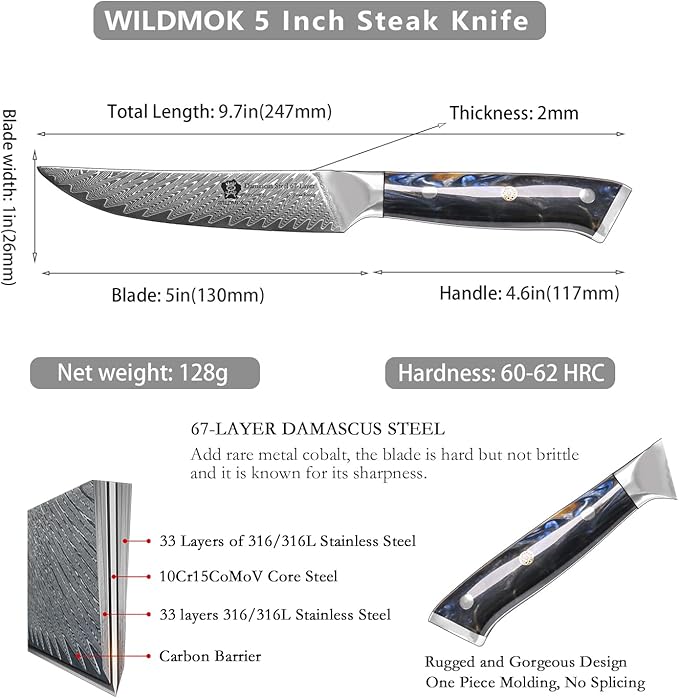 WILDMOK Steak Knives, 5 inch Non Serrated Steak Knife Set of 4, Japanese Damascus VG10 Steel Steak Knives,Premium Steak Knives Set with Gift Box