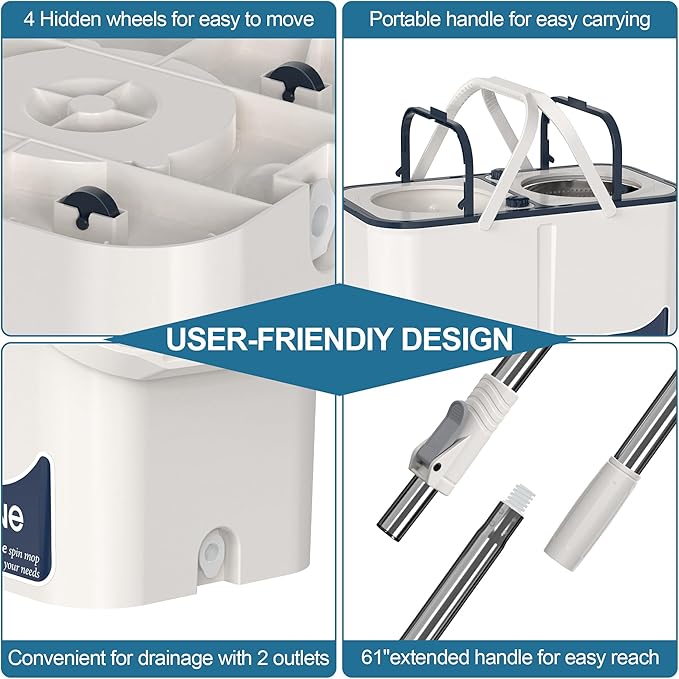 Mop and Bucket with Wringer Set for Home, Spin Mop and Bucket Separates Dirty and Clean Water,4-Chamber Mop Bucket, Best Household Cleaning Tools with 6 Replacement Mop Heads,4X Wheel