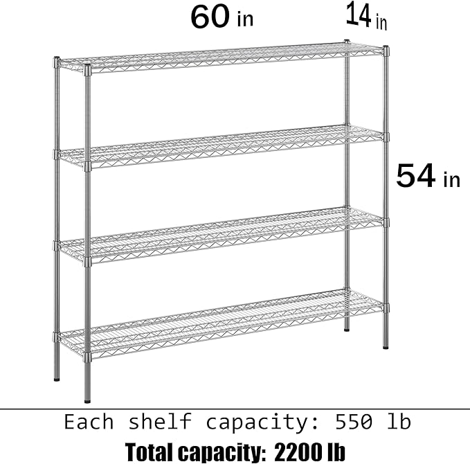 14" Deep x 60" Wide x 54" Height Wire Shelving Kit | 4-Tier | NSF Commercial Storage Rack Unit