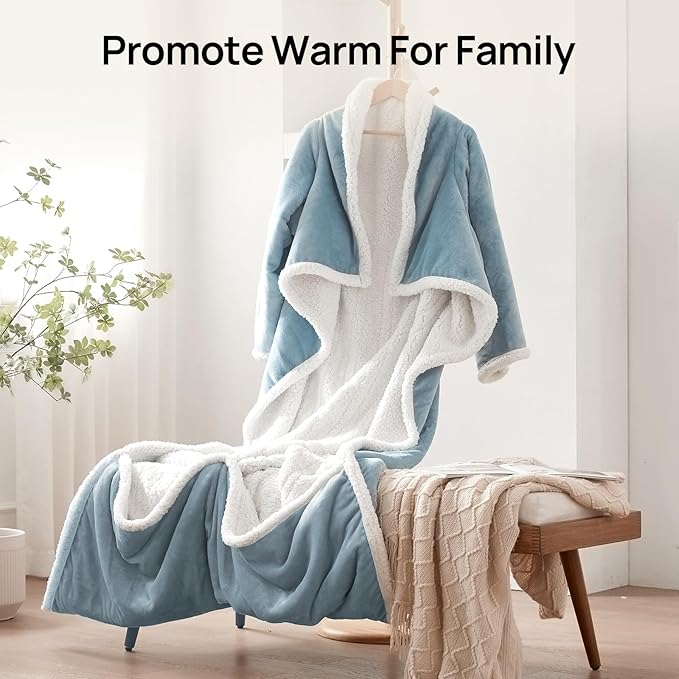 Westinghouse Electric Snuggle Throw Blankets with Foot Pocket, Wearable Heated Blanket with Sleeves, 6 Heating Levels & 2 to 10 Hours Heating Time Settings, 50 * 70"+18", Light Blue