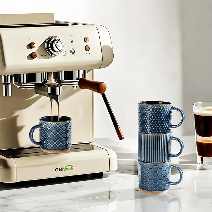 GBHOME 6 OZ Stackable Coffee Mugs, Ceramic Coffee Mugs with Texture Patterns for Man,Woman,Dad,Mom, Modern Coffee Cups Set of 4 for Espresso/Cappuccino/Cocoa. Dishwasher&Microwave Safe, Moonlight Blue