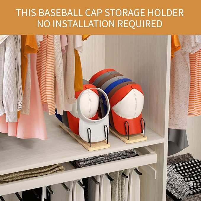 Hat Organizer for Baseball Caps 2 Pack Hat Rack for 14 Baseball Caps Wooden Hat Holder Stand Storage Display Cap Organizer for Closet Shelf