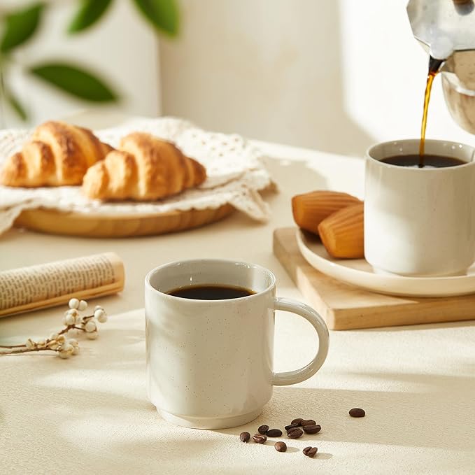 Sweese Stackable Coffee Mugs - 10 Oz Porcelain Cups for Specialty Coffee Drinks, Cappuccino, Cafe Mocha, Latte and tea, Set of 4, White Grey