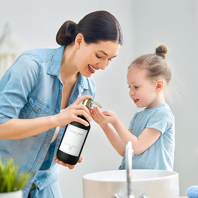 Glass Soap Dispenser for Kitchen Sink,Farmhouse Kitchen Dish Soap Dispenser&Hand Soap Dispenser Set,Rustproof Pump Soap Dispenser Bathroom with Tray,Waterproof Label for Kitchen Decor(Black