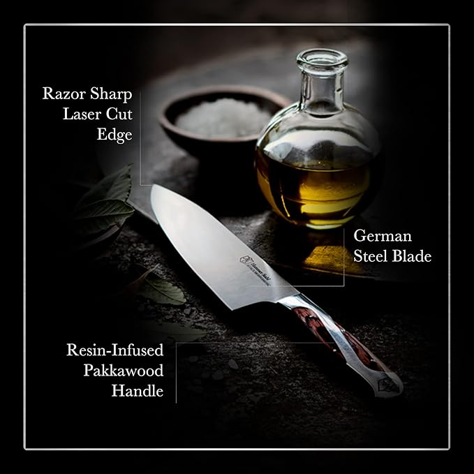 Hammer Stahl 8-Inch High Carbon Chef Knife | Versatile Cooking Knife for Chopping, Slicing & Precision Cutting | German Forged Sharp Kitchen Knife | Ergonomic Quad-Tang Pakkawood Handle & Gift Box