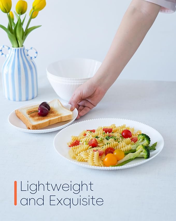 7.5 inch Ribbed Salad Appetizer Plate Set of 6, Opal Glass Round Small White Plates for Dessert, Kitchen, Dishwasher and Microwave Safe