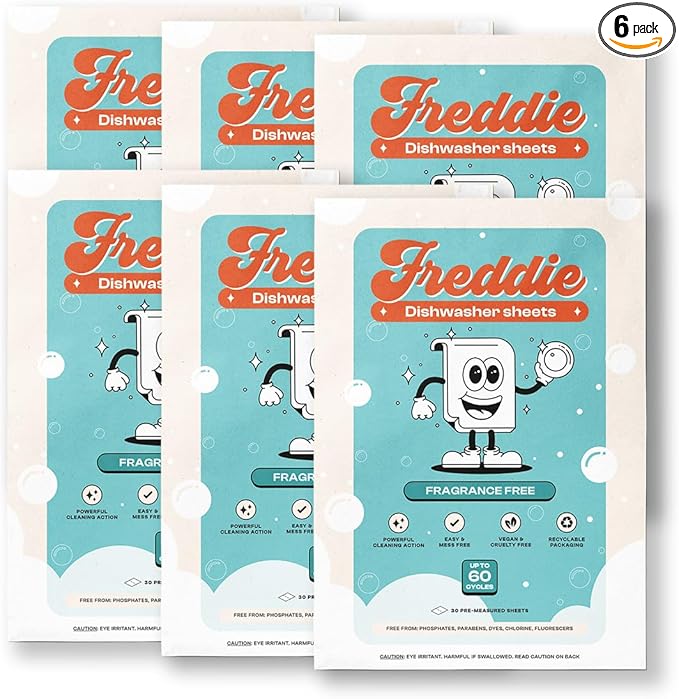 Freddie Dishwasher Sheets Fragrance Free - Space-Saving Alternative to Liquid Detergent - 360 Loads (6 Pack) Concentrated Plastic Jug Free Strips