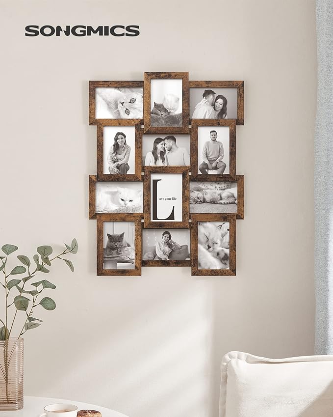 SONGMICS Collage Picture Frames, 4x6 for Wall Decor Set of 12, Multi Family Photo for Gallery Decor, Hanging Display, Assembly Required, Rustic Brown
