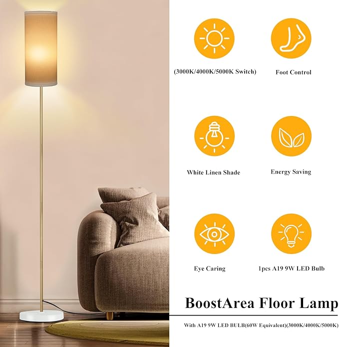 BoostArea Floor Lamp for Living Room with 3 Color Temperatures Bulb, Modern Floor Lamps, Classic Tall Lamp for Office, Standing Lamps for Bedroom, Kids Room, Study(9W LED Bulb, White Linen Shade)