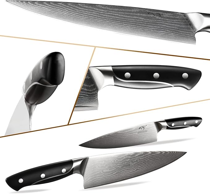 18 Pieces Damascus Kitchen Knife Set, 8 Piece Steak Knives, Non-slip ABS Ergonomic Triple Rivet Handle for Meat Fork, Knife Sharpener and Shears, 17 Slots Wooden Knife Block