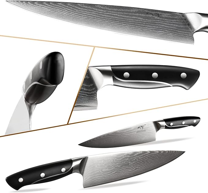 18 Pieces Damascus Kitchen Knife Set, 8 Piece Steak Knives, Non-slip ABS Ergonomic Triple Rivet Handle for Meat Fork, Knife Sharpener and Shears, 17 Slots Fraxinus Manchuria Knife Block (Grey)