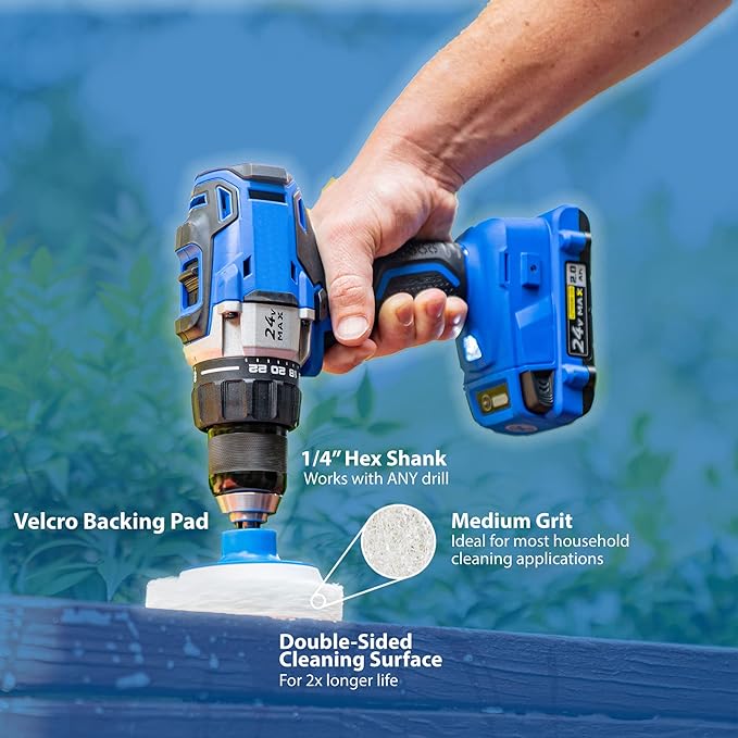 7 Pack Multi-Purpose Drill Brush Kit for Cleaning Bathrooms, Showers, Tubs, Tile, Floors, Sinks, Toilets, Grout and Grime Removal, Reversible Blue and White Scrub Pads