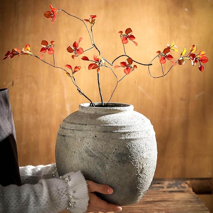 Large Ceramic Flower Vase, 8.66 inch Tall Round Rustic Farmhouse Vase for Home Decor, Wide Mouth, Living Room Shelf Decor, Enterway, Table