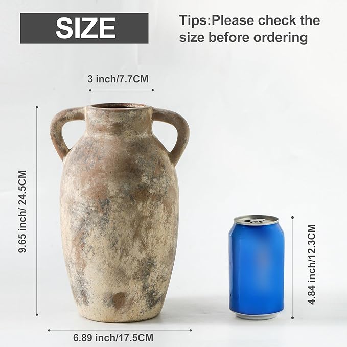 Ceramic Rustic Vase, 9.6 Inch Terracotta Rustic Vase with 2 Handles, Decorative Pottery Flower Vase for Home Decor, Living Room, Shelf Decor, Wedding, Table Decoration