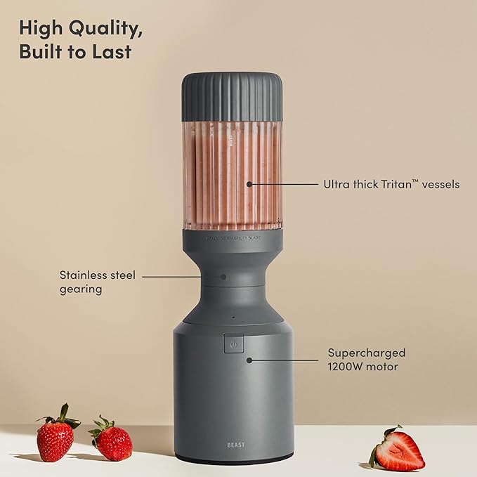 Beast Mega 1200 | Premium Countertop Blender | Smoothies, Shakes, Sauces, Dips, Soups | Blends Ice and Frozen Fruit | Includes Extra Lids and Straw System | 1200W | (Charcoal, 120V)