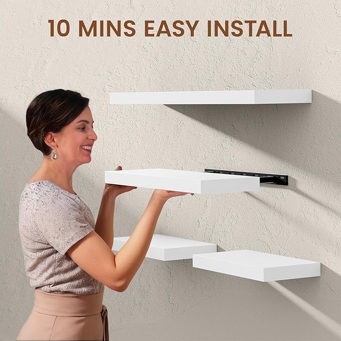 Heimlove White Floating Shelves for Wall,2 Packs 16 inches Natural Pine Solid Wood Bathroom Shelf Over Toilet Decor and Storage 8 inches Deep for Kitchen Bedroom Office & Living Room Wall Decor