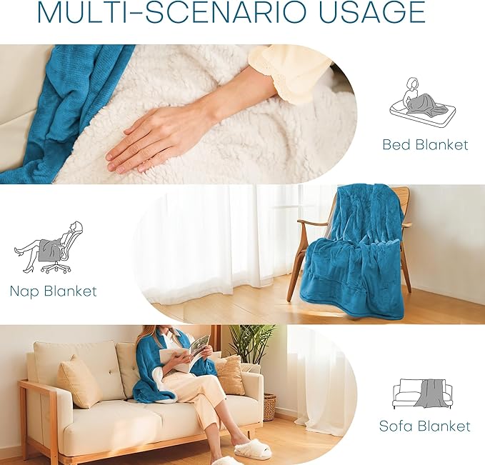 Electric Heated Blanket Full Size 72"x84" - Microplush & Sherpa Fabric Dual-Sided, 6 Heat Settings & 1-10 Hours Auto Off , Cozy Warming Throw for Home, Office, or Bed, Machine Washable, Tile Blue