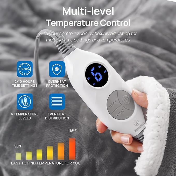 Westinghouse Electric Snuggle Throw Blankets with Foot Pocket, Wearable Heated Blanket with Sleeves, 6 Heating Levels & 2 to 10 Hours Heating Time Settings, 50 * 70"+18", Light Grey