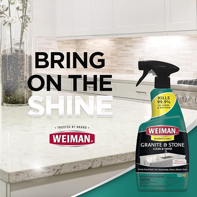 Weiman Disinfectant Granite Cleaner and Polish With Microfiber Cloth - Safely Clean Disinfect and Shine Granite Marble Soapstone Quartz Quartzite Slate Limestone Corian Laminate Tile Countertop