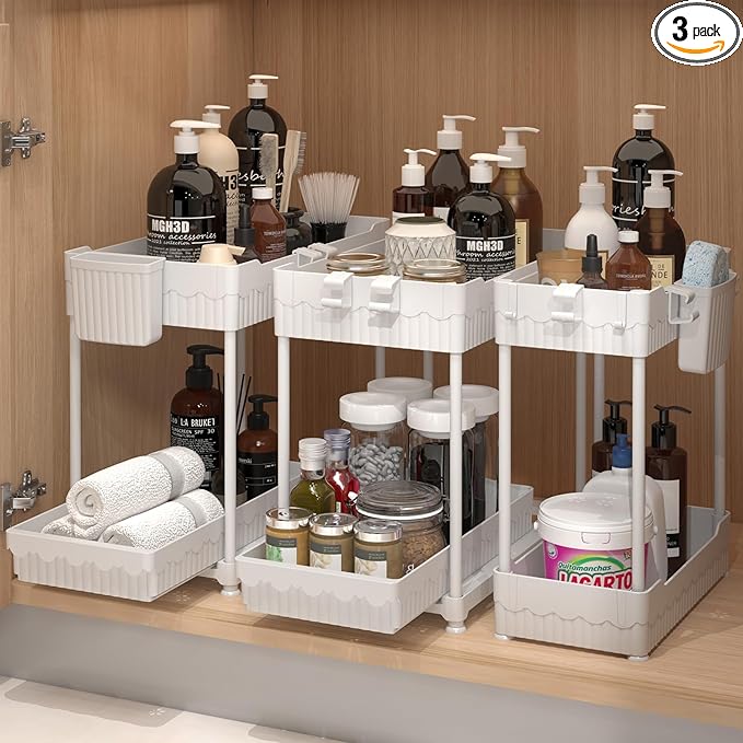 3 Pack Under Sink Organizers, 2-Tier Multi-Use Kitchen and Bathroom Organizers and Storage with Sliding Drawers,Bathroom Cabinet Organizer (White, 12.8 Inch)