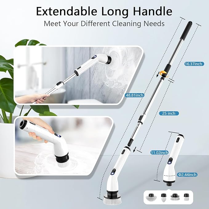 TUYU Electric Spin Scrubber, Full-Body IPX7 Waterproof Bathroom Scrubber with Power LCD Display, Adjustable Extension Handle, Cordless Shower Cleaner Brush for Bathtub Kitchen Wall Cleaning