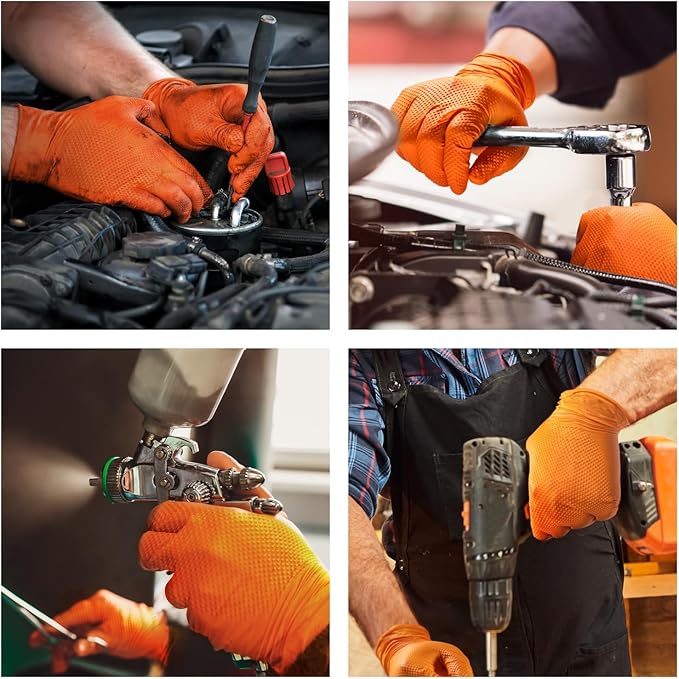 10 Mil Nitrile Disposable Gloves Heavy Duty Mechanic Gloves Raised Diamond Texture Thick (Orange of 1000, Large)