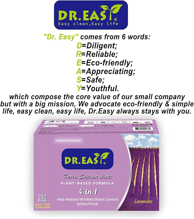 DR.EASY Dryer Sheets Plant Based Formula 252 Ct Fabric Softener sheets for Laundry Lavender Essential Oil Scented No Artificial Fragrances No Dyes Reduce Static & Wrinkles Help Repel Pet Hair